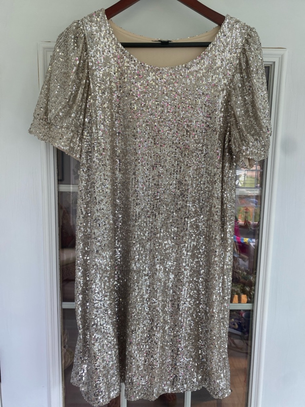 Gorgeous Champagne Color Sequin Short Sleeve Shift Dress. Sz Large.